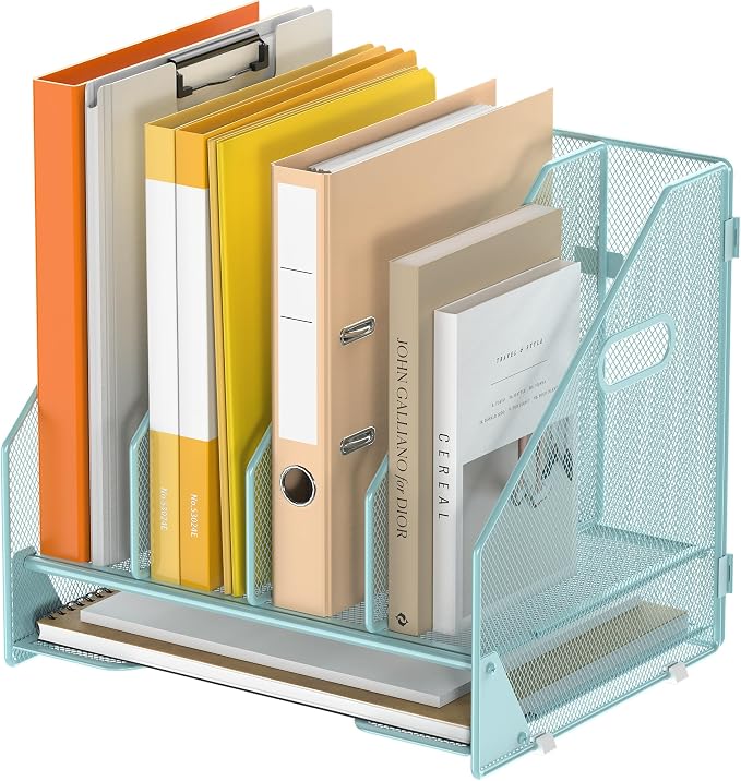 4 Vertical Mesh Desk Organizer with Paper Letter Tray, Blue | Sorting racks with lower letter tray section. Multipurpose mesh desktop space saver for home office and school