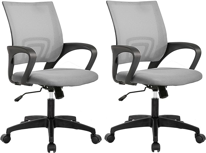 BestOffice | Ergonomic Office Chair | Mid-Back Swivel Desk Chair | Breathable Backrest & Lumbar Support | Adjustable Height | Sponge Seat | Rolling Wheels | Grey | for Adults & Women | Pack of 2
