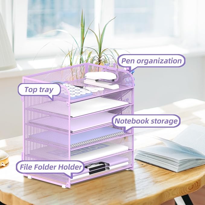 6 Tier Desk Organizer with 4 Pen Holders & Mesh Paper Trays Purple | 6 Tiers Paper Organizer, File Organizer Letter Tray with Handle for A4 Files, Folders, Mail and Office Supplies
