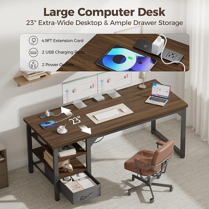 54" Computer Desk with Drawer, 1.2" Thick Reversible Office Desk | Modern Writing Table with Power Outlets & Storage Shelves, Heavy Duty Industrial Executive Desk for Home Bedroom Study Work