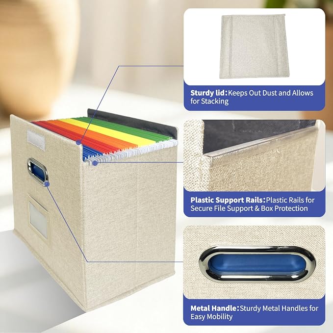 2 Pack Hanging File Folder Box with Lid, Durable Letter Size Filing Storage Box, Sturdy File Holder with Cardboard Support PVC Rails for Office Home Organizer, Beige