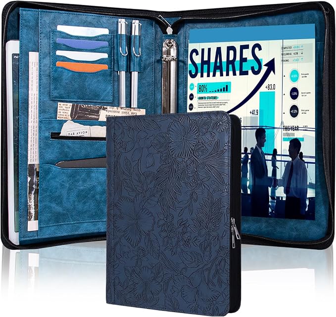 Calfinder Embossed 3 Ring Portfolio Binder, Professional Business Padfolio for Women &Men, Leather Portfolio for Interview, Resume & 13 inch Laptop
