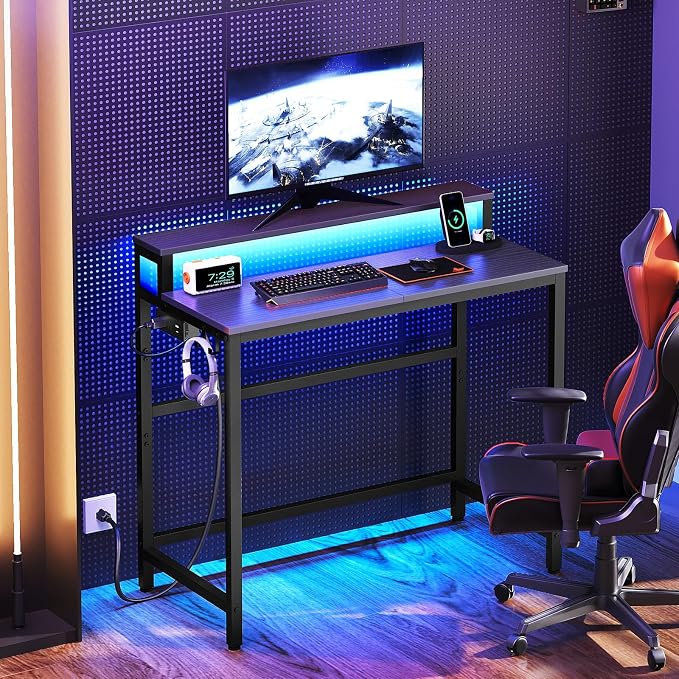 Small Computer Desk with Charging Station and LED Lights, Gaming Desk with Monitor Stand, 2-Tier Home Office Desk with 4 Side Hooks, for Living Room, Home Office, Black DN01UDBBY2