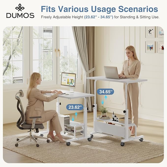 DUMOS Rolling Desk, Storage Shelves, Laptop Table, Home Office | Height Adjustable Design, Computer Desks on Wheels, Portable for Small Spaces Use, White