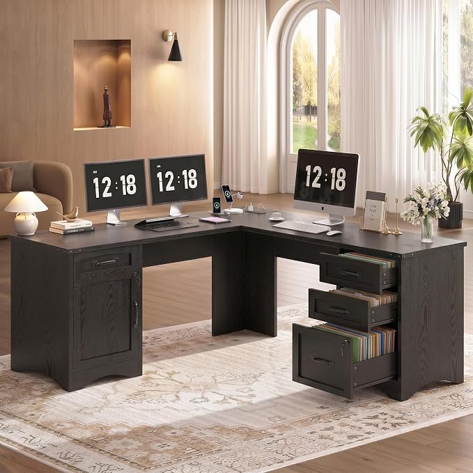 Decofy 67" Farmhouse L Shaped Standing Desk with Drawers Home Office Executive Desks with Fast Charging Station, Lockable File Cabinet, Wood Writing Computer Desk for Work, Study