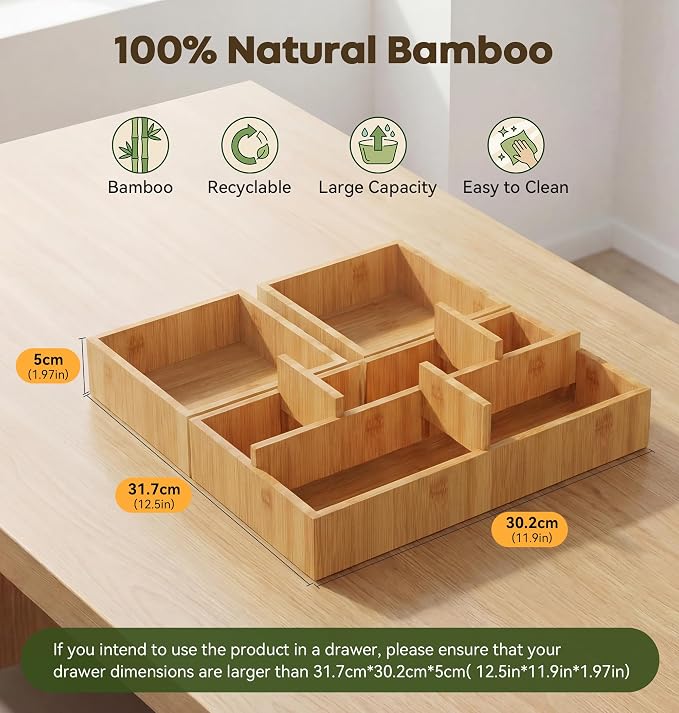 KOCWELL Bamboo Desk Drawer Organizer with Removable Dividers,Multi-Use Office Drawer Organizer Tray,Junk Drawer Organizers for Office,School,Kitchen,Makeup Supply（Original）
