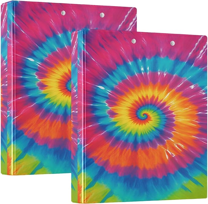 Tie Dye Round Ring Binders 1.5 Inch Rainbow 3 Ring Clipboard Binder for Office School Work Supplies File Folder 200 Sheet Capacity 2 Pieces