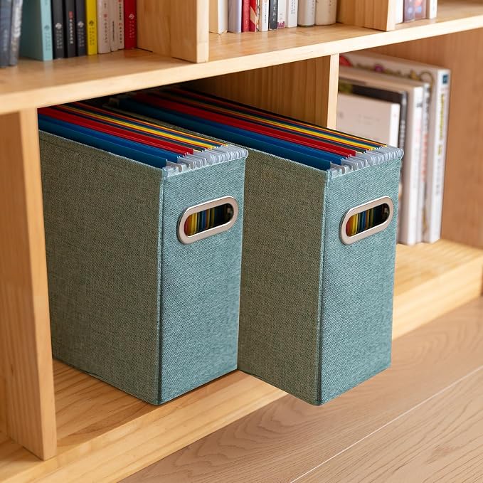 2 Pack Letter Size File Storage Box Collapsible，Fabric Hanging File Folders Organizer, Portable Office Document Holder with Metal Handle, Smooth PVC Rails, Green