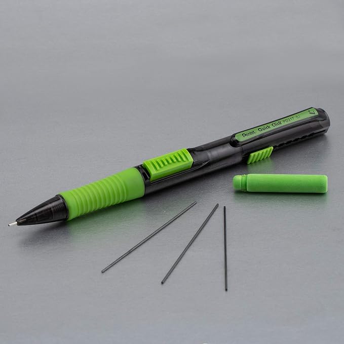 Pentel Quick Click Pop Mechanical Pencil, (0.7mm) Medium 2B Lead, Black Barrel W/Green Trim, Box of 12 (PD217AK)