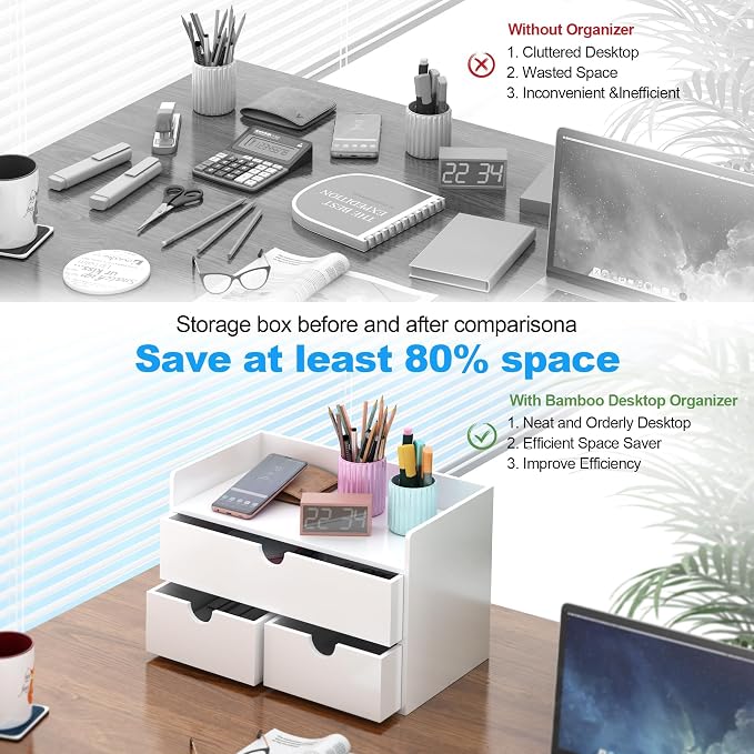 Bamboo Desk Organizer wtih Drawers Mini Desktop Drawer Tabletop Storage | 100% Bamboo Countertop Organizer Drawers,Makeup Storage,Kitchen Spice Organizers,3 Drawer Tabletop Storage,for Home Office