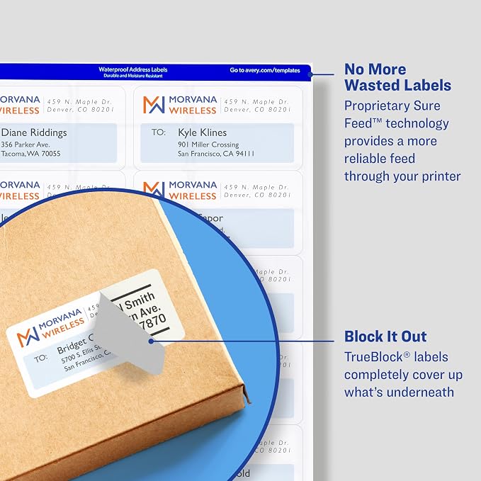 Avery TrueBlock Shipping Labels, Sure Feed, Permanent, 3-1/3" x 4", White, 2 Pack, 120 Labels Total (32134)