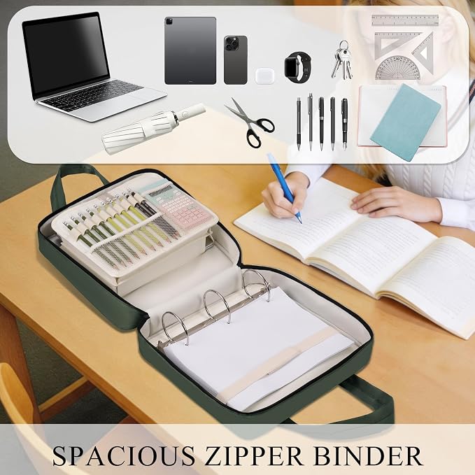 Upgraded Zipper Binder | 3-Inch & 2-Inch O-Rings, 600 Sheet Capacity Trapper Keeper with 13 Inch Laptop Sleeve & Water Bottle Holder, Binder Bag with Multi-Pockets & Shoulder Strap (Retro Green)