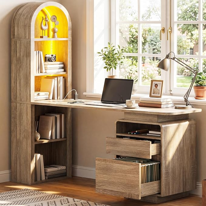 YITAHOME 59" Computer Desk, Oak | LED Lights & Power Outlets, Bookshelf, File Drawer & Storage Shelves, USB Ports
