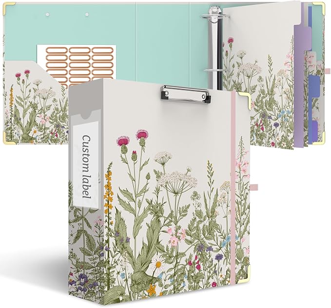 3 Ring Binder 3 Inch, Cute Round Ring Binder with 6 Tab Dividers & Label Stickers, Low Profile Clipboard with Storage, Fashion Binder for School Office Supplies (Garden Flowers)