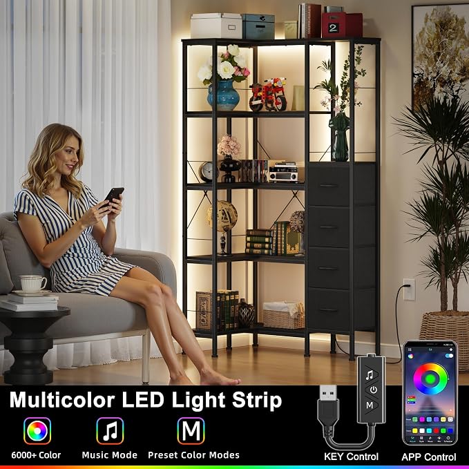 AFLUI Corner Bookshelf with LED Light Strips & 4 Fabric Drawers, 5-Tier Convertible Corner Shelf with Display Shelf, Large Wood Industrial Bookcase for Living Room, Bedroom, Home Office, Black