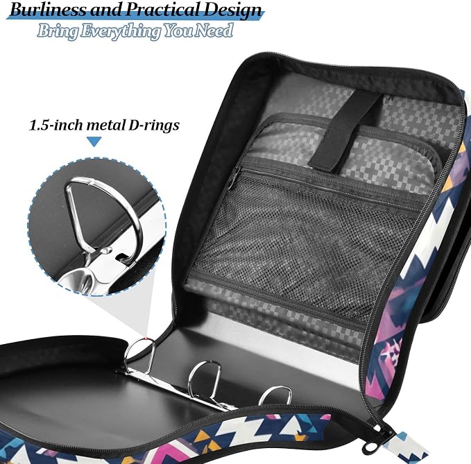 3 Ring Zipper Binder with Shoulder Strap Purple Ethic Aztec Geometric 1.5 inch Binders Keeper Large Capacity Multi Pockets for School Office Supplies