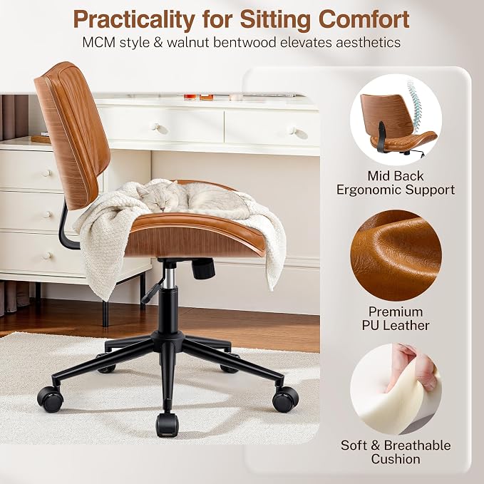 Ergonomic Armless Office Desk Chair - Mid-Century Retro Orange Faux Leather with Diamond Stitch, Adjustable Height Swivel Rolling Task Computer Chair with Walnut Accent for Home Office, Study & Work