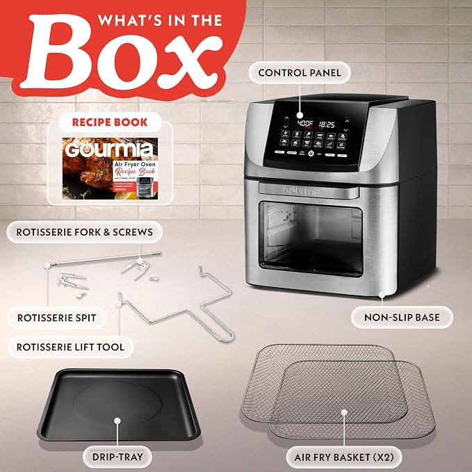 Gourmia Air Fryer - 14 Qt All-in-One Rotisserie Oven with Digital Display, 12 Presets, Roast, Bake, Broil, Dehydrate, Dishwasher Safe Accessories, Stainless Steel
