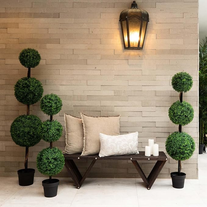 Nearly Natural 4 ft Artificial Triple Ball Boxwood Topiary Tree with Pot | 732 Lifelike Leaves, Quality Materials, Stabilized in a Nursery Planter, Suitable for Indoor or Outdoor Use