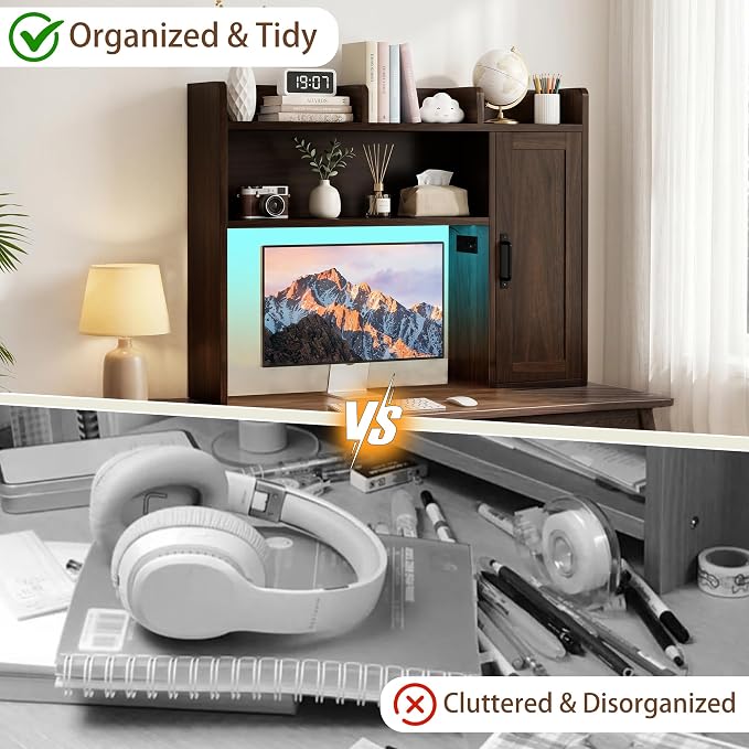 Desktop Bookshelf, Desk Hutch with RGB LED Lights & Power Outlets | 37" Desk Hutch Organizer with Storage Cabinet Desktop Storage Shelf for 27" Monitor, Tabletop Bookcase for Dorm Office Home