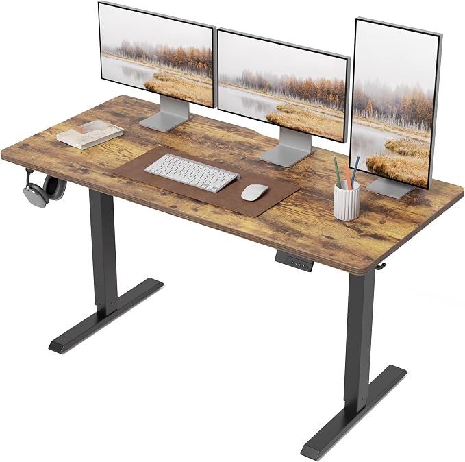 DESINO Standing Desk, 55 × 24 Inches Electric Height Adjustable, Sit and Stand Up, Computer Office Desk with Splice Board, Black Frame/Rustic Brown TOP