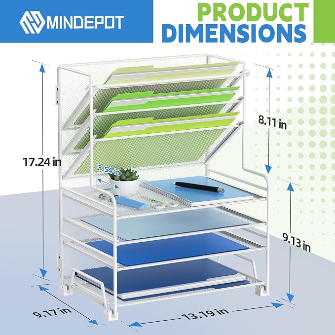 MINDEPOT 4-Tier Paper Organizer + 3-Pocket File Holder + Drawer + Pen Holders, Desktop File Organizers Paper Tray for Office Supplies School Classroom Organization (White, no Drawer & Pen Holder)