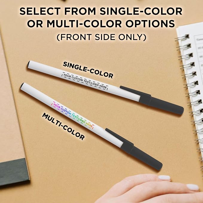 DISCOUNT PROMOS Custom Value Stick Pens Set of 50, Personalized Bulk Pack - Blue Ink, Great for Office, School, Business, Tradeshows, Events - Black Cap