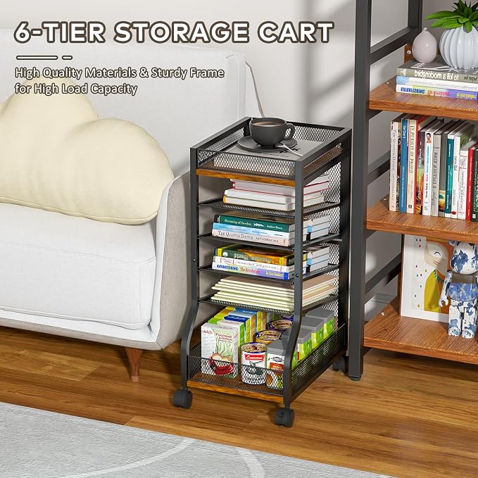 6-Tier Standing File Organizer, Rolling Under Desk Organizer for Office | with Sliding Mesh Paper Letter Trays, Slim Rolling File Cart Under Desk File Holder for Home/Office/Study Organization