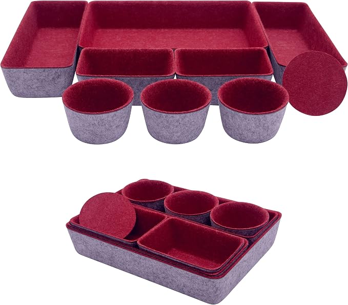 Teeo - Drawer Organizers - Office Supply Organizer - Desktop Drawers - Organizing Containers - Jewelry Tray Makeup Storage Home Dividers Compartment Desk Caddy Cosmetic Bins - Pack of 9, Burgundy