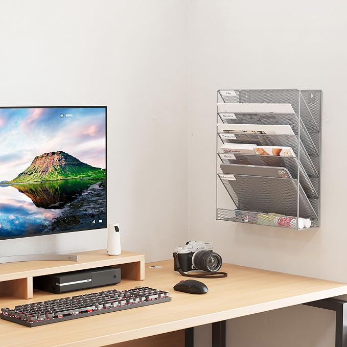 EasyPAG 5 Tier Wall File Holder, Mesh Hanging Folder Organizer with Classify Label, Versatile Desk File Holder, Vertical Wall Mounted Mail Organizer for Office Home Cubicle, Silver