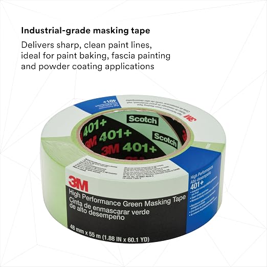 3M High Performance Green Masking Tape 401+, 48 mm x 55 m, 6.7 mil | 12 Roll/Case, Strong Holding Power for Automotive, Specialty Vehicle and Industrial Markets