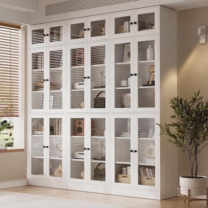TUSY 85.5" Modern Tall Bookcase with Glass Doors, 7-Tier Wood Bookshelf with Storage for Home Office, Large Curio Cabinet for Living Room, Office, Bedroom, Family Room (White, AAA)