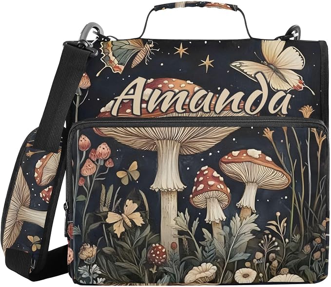 Custom 3 Ring Zipper Binder Mushrooms Flowers Butterflies (2) Personalized Name 1.5 inch Binders Large Capacity Multi Pockets for School Office Supplies