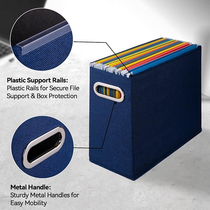 4 Pack Letter Size File Storage Box Collapsible, Fabric Hanging File Folders Organizer, Portable Office Document Holder with Metal Handle, Smooth PVC Rails, Blue