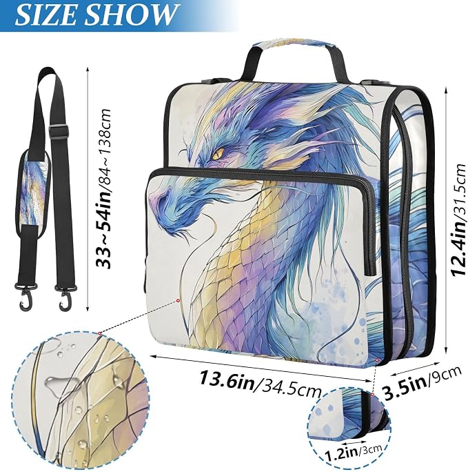 3 Ring Zipper Binder with Shoulder Strap Colorful Dragon 2 Inch Zippered Binder Bag 500 Sheet Capacity Multi Pockets for School Supplies