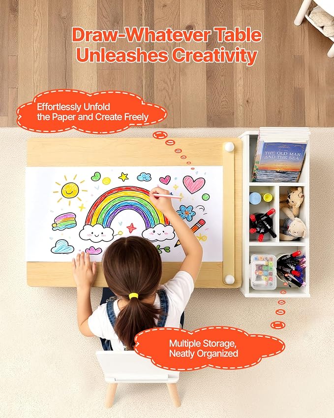 VEVOR Kids Art Table and Chair Set, Toddler Activity Table with Storage, Wood Kids Craft Desk with Paper Roll for Drawing, Reading, Writing, Kid Play Table for Nursery, Playroom, Classroom, White