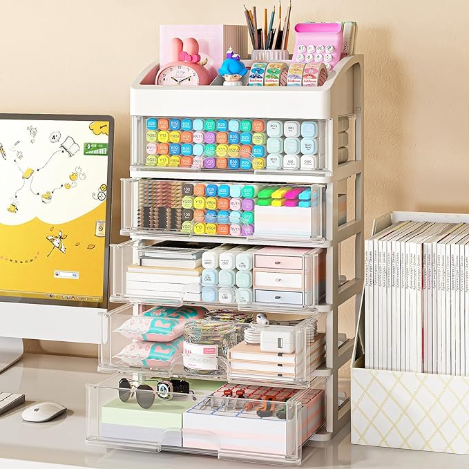Desk Organizer with Drawers, 5 Drawers Storage Organizer, Desktop Storage Drawers for Office Supplies, Plastic Stationary Organizer, Makeup Organizer, Desk Storage Box for Office, School, Home