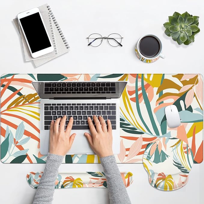 Keyboard Mouse Pad Set, 4 in 1 Desk Mat Set, Bohemian Rainforest | Boho Tropical Large Mousepad+Keyboard Wrist Rest+Mouse Wrist Rest+Coaster Ergonomic Design for Home Office Computer
