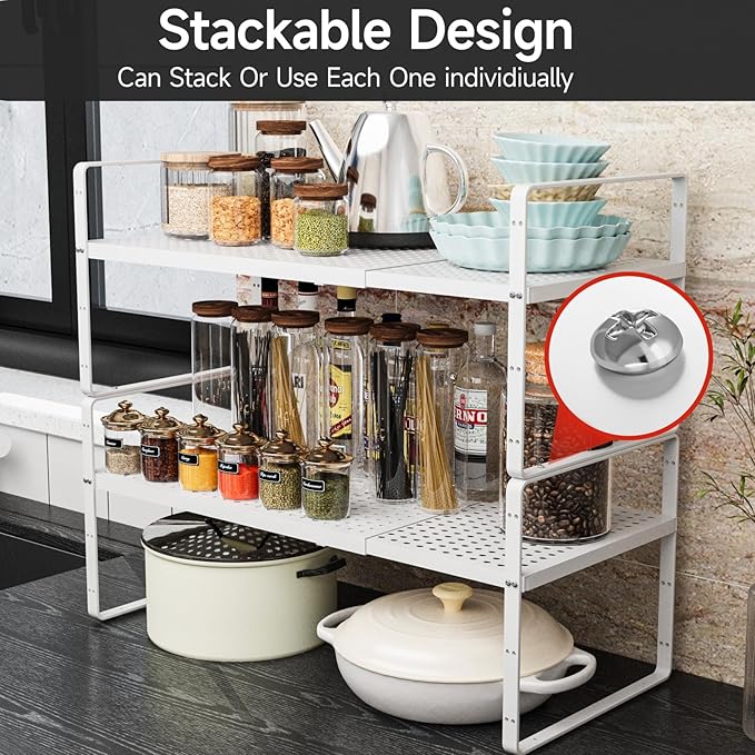 jkxoo 2Pack Expandable Cabinet Shelf Organizers, Stackable Metal Shelves Extender for Kitchen Countertop Storage, Adjustable Spices Shelves Rack Stand for Cupboard Pantry, White