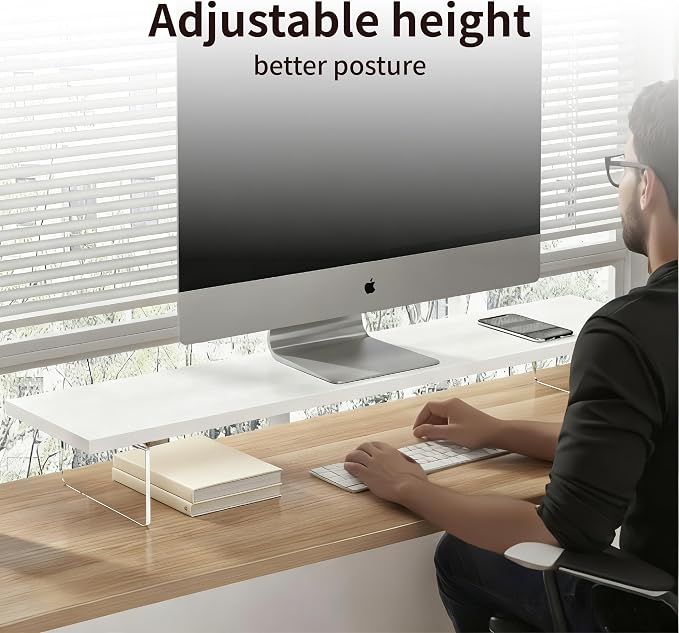 Wood Monitor Stand Riser with Acrylic Legs, Computer Screen Stand Desk Organizer, 31.5 x 7.9 x 3.1 inch, Hold up to 66 lbs (White, 31.5"×7.9"×3.1")