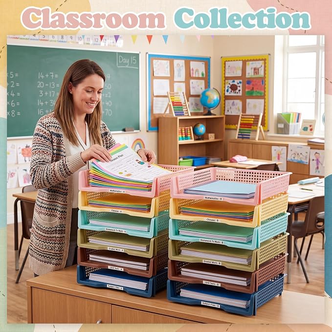 Weysat 12 Pcs Turn in Trays Classroom, Stackable Paper Tray for Classroom Organization Plastic Desk File Organizer Bin Basket for Library Drawer Teacher Office Document Storage (Morandi Tones,Wide)