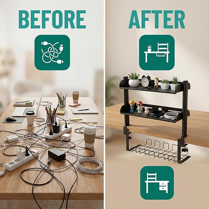 Clamp On Desk Shelf, 17'' 2-Tier Desktop Organizer Shelf with Under-Desk Hidden Storage Basket, Heavy-Duty Desk Shelves for Top of Desk, Space-Saving Desk Storage for Home Office Gaming Setup (Black)