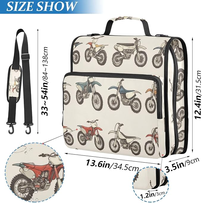 Fisyme Vintage Dirt Bikes Zipper Binder 3 Ring with Zipper and Shoulder Strap Large Capacity Multi-Pocket Binder Organizer