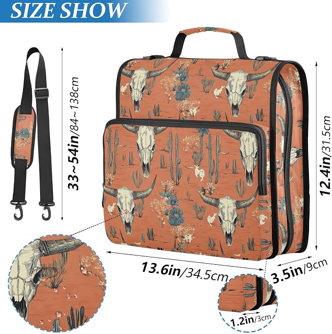 Western Desert Boho Cow Skulls Zipper Binder with Shoulder Strap Trapper Keeper 3 Ring Binder Organizer Large Capacity Multiple Compartments for School Office