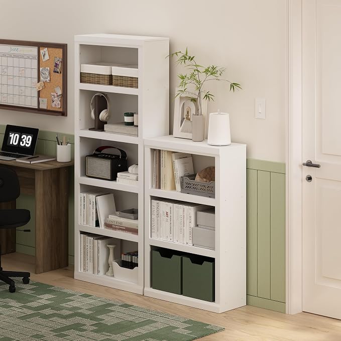 Furinno Rail 5-Tier Book Shelf with Open Shelf, White | 10 x 24.6 x 63.5, Classic Style, Bookshelf, Bookcase, for Organization and Storage, for Living Room, Bedroom, Home Office