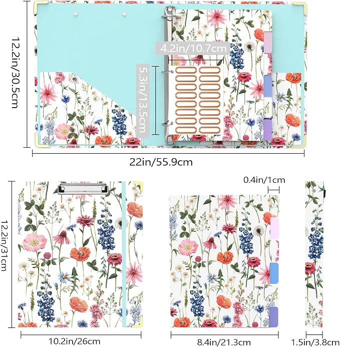 3 Ring Binder 1 Inch Round Ring Binder with 6 Tab Dividers，2 Interior Pockets，Cute Binder Clipboard with Storage, for School Office, Portfolio(Wild Flowers)