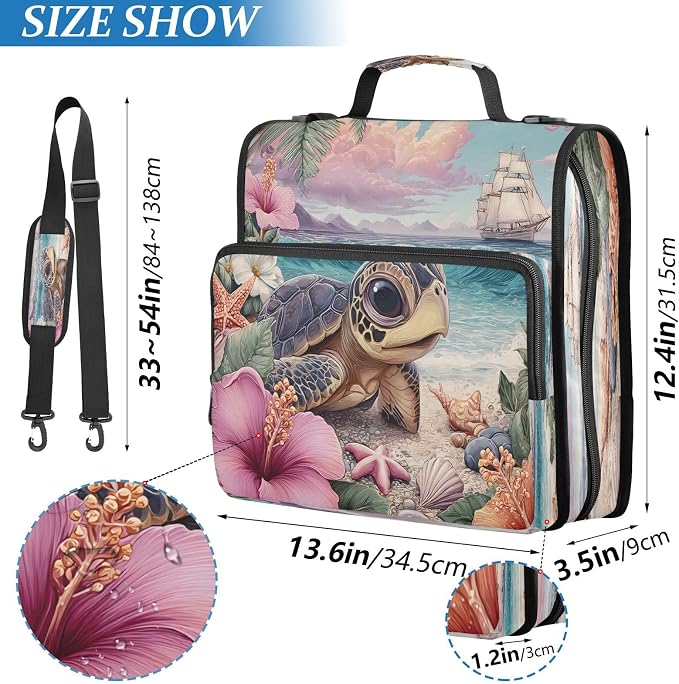 ALAZA Zipper Binder 3 Ring Turtle on Tropical Beach Binder Organizer with Zipper and Shoulder Strap Large Capacity Multi-Pocket Trapper Keeper File Folder for Office Supplies