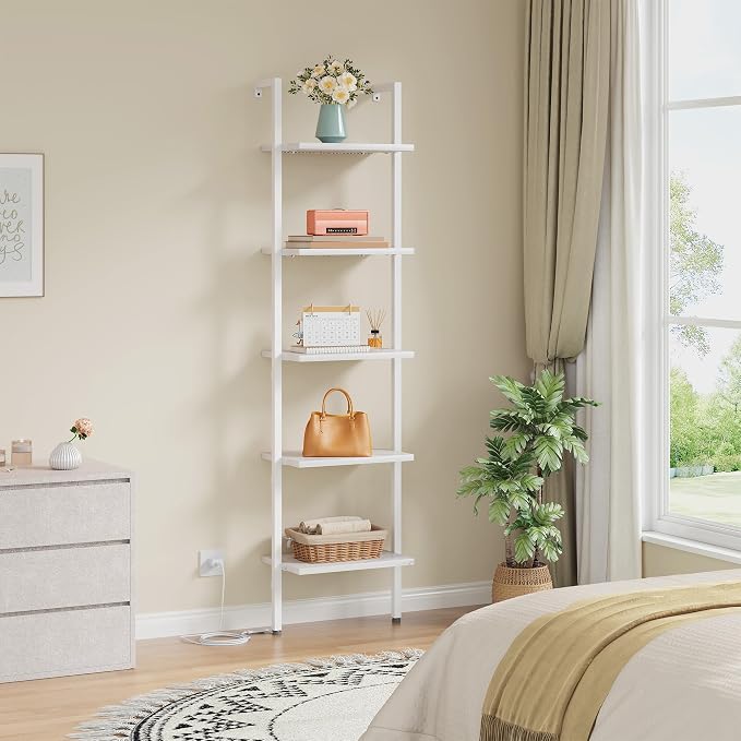 5 Tier Ladder Bookshelf with Light, Wall Mount Ladder Shelf White | Narrow Ladder Bookshelf with Storage, Thin Ladder Bookshelf with Metal Frame Ladder Shelf for Living Room, Bedroom, Office