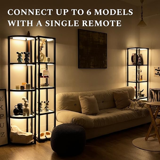 FENLO Corner Floor Lamp with Shelves, Dimmable LED Corner Shelf with Lights, Standing Lamp for Living Room, Shelf Lamp with Full Brightness Control, Color Changing Temps, and Reinforced Glass