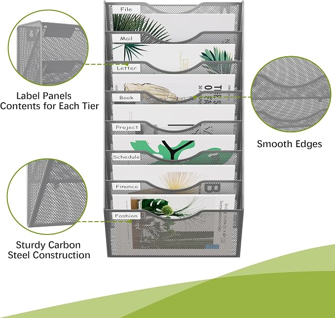 EasyPAG 8 Pocket Mesh Wall File Organizer, Hanging Paper Folder Holder with Classify Label, Vertical Wall Mount Mail Organizer for Office Home Classroom, Silver